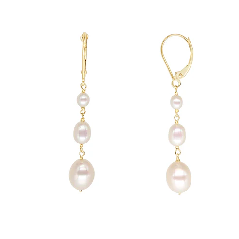 The Jewelmak 14k White Freshwater Triple Pearl Earrings feature three vertically aligned pearls in decreasing size, set in 14K yellow gold. These leverback earrings embody elegance.