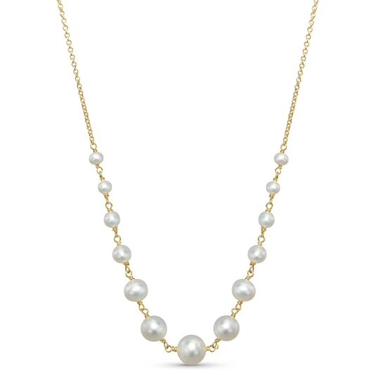 The Jewelmak 14k White Freshwater Pearl Wire Necklace showcases evenly spaced pearls of varying sizes in a graduated design, with larger pearls at the center and smaller ones toward the ends, beautifully displayed on a white background.