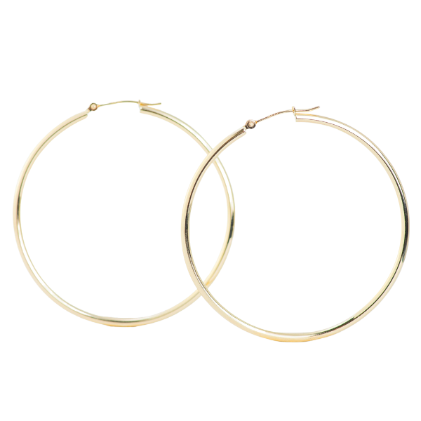 The 14k Yellow Gold Hoop Earrings 2mm exude sophisticated elegance as they rest side by side against a white background, showcasing their timeless appeal.