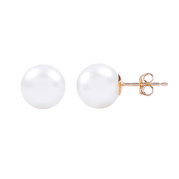 A pair of exquisite Youth 5mm Freshwater Pearl 14K Gold Stud Earrings, showcasing high-quality AAA+ pearls, elegantly positioned on a plain white background.