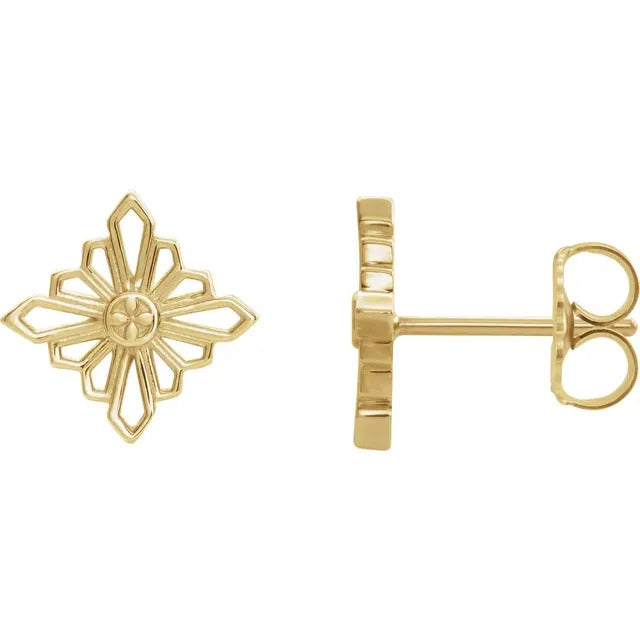 The 14k Yellow Gold Starburst Geometric Earrings by Stuller exude modern sophistication with their geometric, star-like design. The front and side views highlight the celestial elegance of intricate patterns combined with a post and butterfly back.