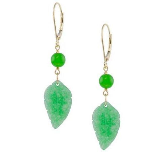 Discover 14k Green Jade Leaf Leverback Drop Earrings, featuring enchanting green leaf-shaped pendants and small round green beads. These earrings, set in elegant 14k yellow gold hooks, add a touch of nature-inspired elegance to your style.