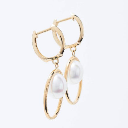 14k Halo White Freshwater Pearl Huggie Hoop Drop Earrings, set against a plain white background.