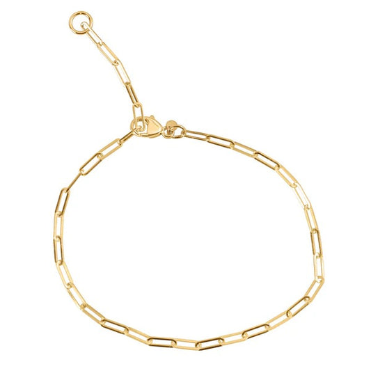 Small 14K Solid Yellow Gold Paperclip Bracelet, measuring 7.5 inches, features elongated links and a small adjustable clasp. Its hypoallergenic design is simple yet elegant, perfect for minimalistic fashion.