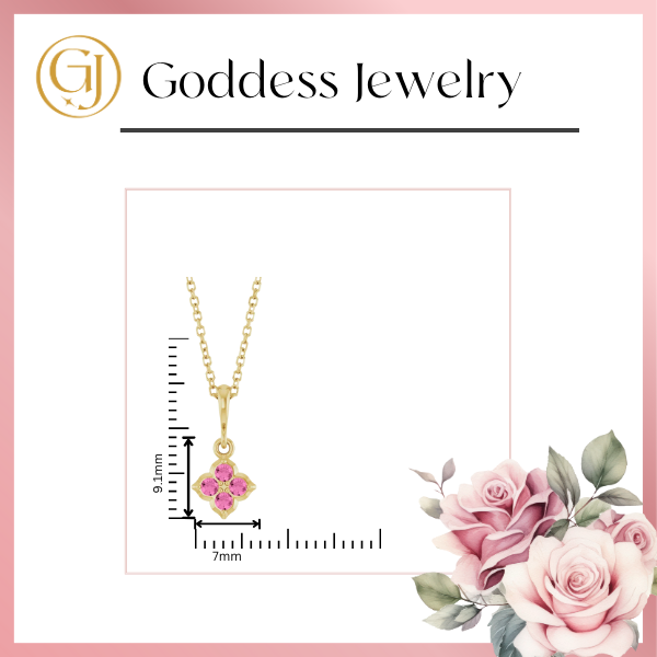 A Youth Lab-Grown Pink Sapphire 14K Yellow Gold Necklace is displayed, featuring a pendant with lab-grown pink sapphire gemstones measuring 9.1mm by 7mm. The image prominently features the Stuller logo and name at the top, with pink roses adorning the bottom right corner.