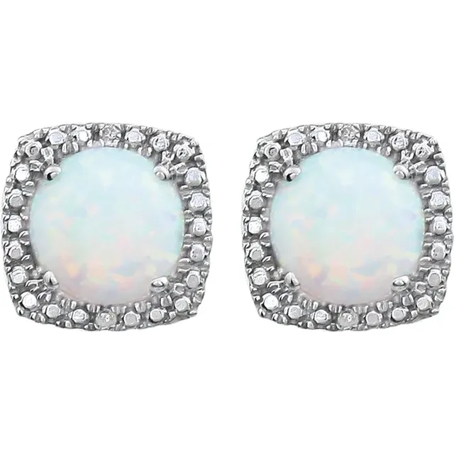 Stuller's Sterling Silver Lab-Grown White Opal Earrings showcase round opals encircled by a square halo of natural diamonds, displaying subtle color play.