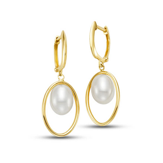 Introducing the 14k Halo White Freshwater Pearl Huggie Hoop Drop Earrings : a stunning pair of earrings crafted from 14k yellow gold, each showcasing a large freshwater pearl elegantly suspended within the hoop. This design beautifully merges elegance with minimalism, emphasizing the striking contrast between the gleaming gold and the lustrous pearls.