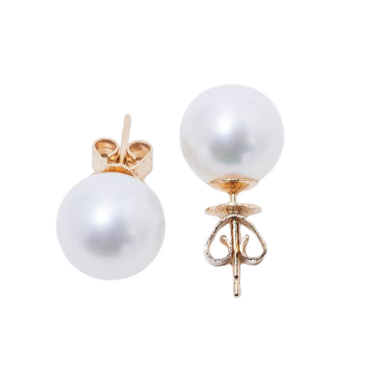 Close-up of a pair of sophisticated 14k White 9mm Freshwater Pearl Stud Earrings, featuring posts and butterfly backings, set against a white background.